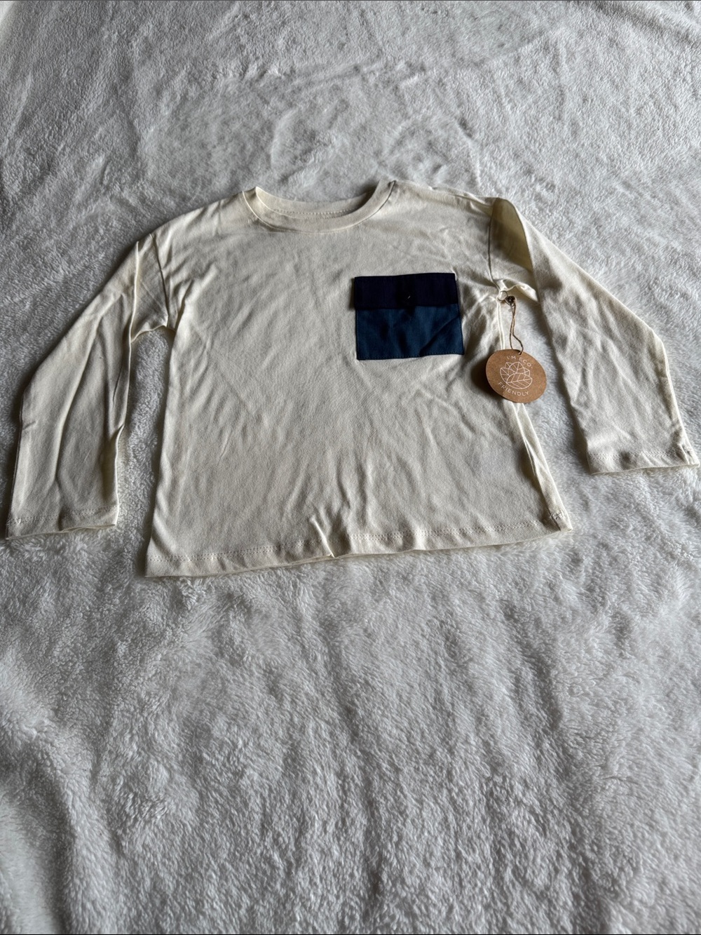Kids Cream Long Sleeve Tee with Navy Chest Pocket